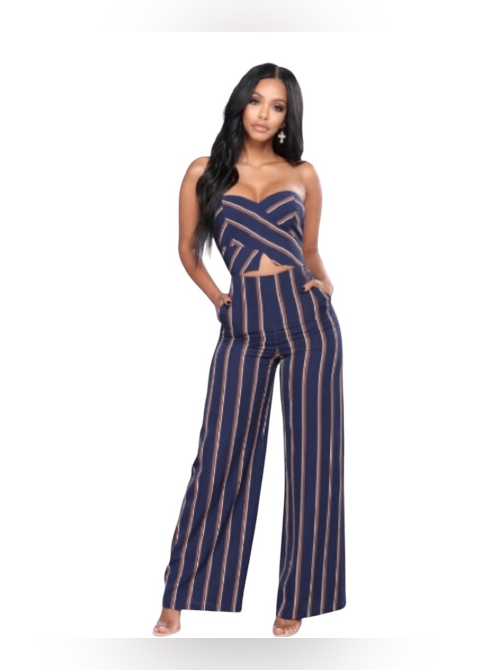 NWT FASHION NOVA NAVY PINSTRIPE MIAMI HOTSPOT STRIPED JUMPSUIT SIZE S